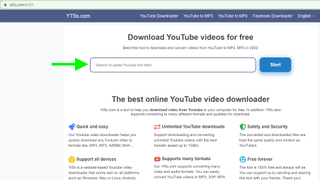 矢印は、YT5s.com から YouTube 動画をダウンロードするための URL フィールドを指しています。
