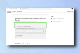 Google 検索削除フォームを示すスクリーンショット - Google 検索から連絡先の詳細を削除する方法を示しています