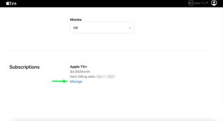 Apple TV Plus Web サイトの設定タブとサブスクリプションセクションのスクリーンショット