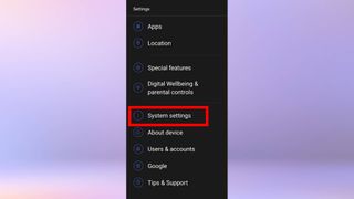 「システム設定」が強調表示された Android スマートフォンの設定アプリのスクリーンショット