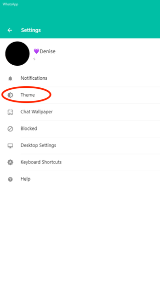 デスクトップ上の WhatsApp テーマ オプションのスクリーンショット