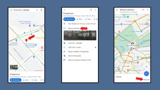 スマートフォンを使用して Google マップ上で距離を測定する人