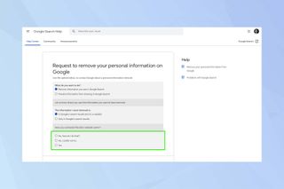 Google 検索削除フォームを示すスクリーンショット - Google 検索から連絡先の詳細を削除する方法を示しています