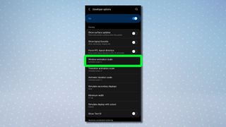 Android 開発者向けオプション メニューを示すスクリーンショット