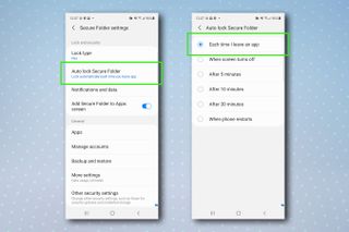 Samsung Secure Folder メニュー。Secure Folder の自動ロックを設定するために必要な手順が表示されます。