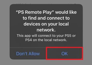 PS5 でリモートプレイする方法 — PS Remote Play の接続画面で [OK] をクリックします