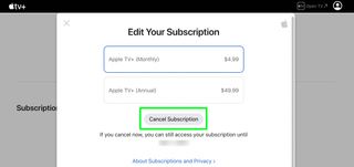 Apple TV Plus設定のサブスクリプションをキャンセルするポップアップウィンドウ