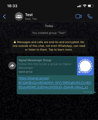 Signal のグループ招待リンクのスクリーンショット。