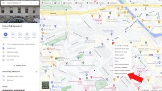 Google マップでの距離の測定を指す矢印