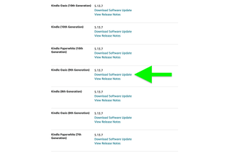 Amazon の Kindle ソフトウェア アップデート ページ (Kindle Oasis アップデート リンクが強調表示されている)