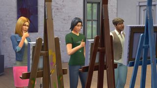 The Sims 4 攻略 - 3 人のシムがイーゼルでアートを検討します