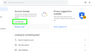 Google ストレージの使用状況を確認する方法 - アカウント ストレージの使用量を示す Google のアカウント管理ページのスクリーンショット