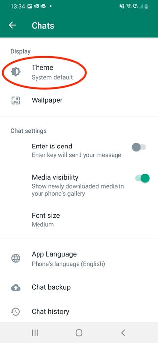 WhatsApp のテーマ オプションのスクリーンショット