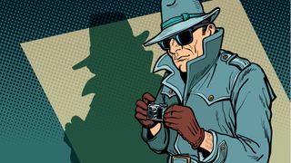 サングラスと大きなコートを着た 1960 年代のスパイのイラスト