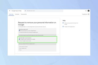 Google 検索削除フォームを示すスクリーンショット - Google 検索から連絡先の詳細を削除する方法を示しています