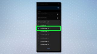 アニメーターの継続時間スケールが強調表示された Android 開発者向けオプション メニューを示すスクリーンショット