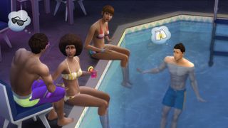 The Sims 4 攻略 - シムのグループがプールの中とその周りでくつろぐ
