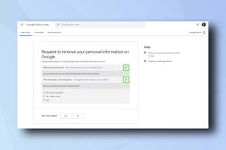 Google 検索削除フォームを示すスクリーンショット - Google 検索から連絡先の詳細を削除する方法を示しています