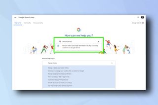 検索バーにテキストが入力されている Google 検索のヘルプ ページ - Google 検索から連絡先の詳細を削除する方法を示しています