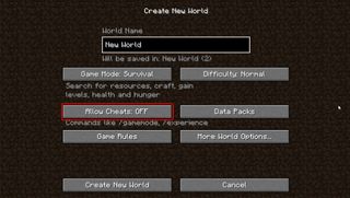 Minecraft のチート: ワールド作成時のチート ボタンの画像