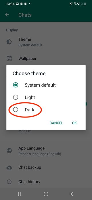 WhatsApp での暗いテーマまたは明るいテーマの選択のスクリーンショット