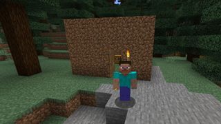 Minecraft の家 - 新鮮な土のあばら家の前に誇らしげに立つスティーブ