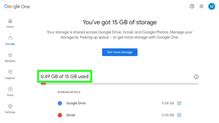 Google ストレージの使用量を確認する方法 - アカウント ストレージの使用量を示す Google のアカウント管理ページのスクリーンショット