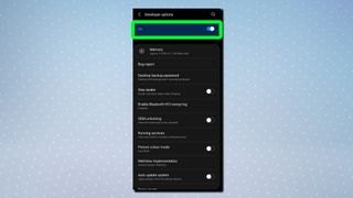 オフにするためのトグルが強調表示された Android 開発者向けオプション メニューを示すスクリーンショット