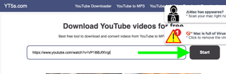 yt5s.com から YouTube ビデオをダウンロードする過程で、選択した [スタート] ボタンが矢印で強調表示されます。