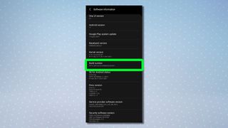 Android ソフトウェア情報メニューを示すスクリーンショット