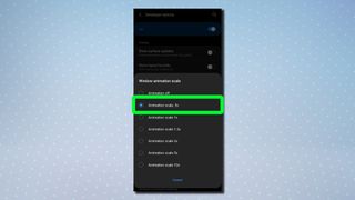 ウィンドウ アニメーション スケールが強調表示された Android 開発者向けオプション メニューを示すスクリーンショット