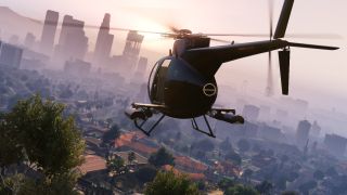 GTA 5 攻略 - 夕日が沈む街に向かってヘリコプターが飛んでいく