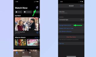 ホーム画面とアカウント画面を表示する iPhone 上の Apple TV アプリ