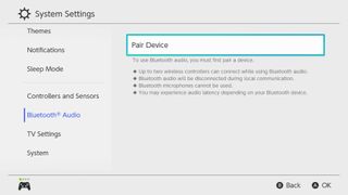 Nintendo SwitchのBluetoothオーディオメニュー