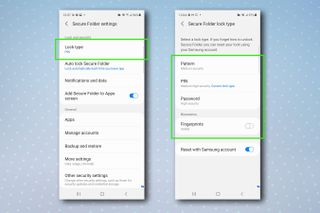Samsung Secure Folder のロック タイプを変更する手順が強調表示された Samsung Secure Folder 設定メニュー