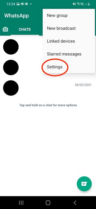 WhatsApp設定オプションのスクリーンショット