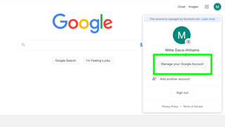 Google アカウントのストレージ使用量を確認する方法 - 「Google アカウントの管理」ボタンが表示されている Google の Web サイトのスクリーンショット