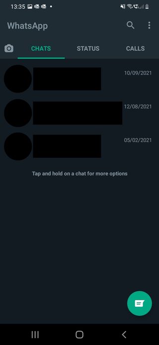 WhatsApp ダークモードが有効になっているスクリーンショット