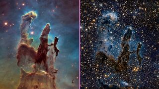 可視光と近赤外線で見た鷲星雲の創造の柱を並べて見る