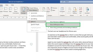 Word で変更を追跡する方法: 追跡された変更を表示または非表示にする ステップ 3: カーソルをバルーンの上に移動し、[すべてのリビジョンをインラインで表示] をクリックします。