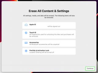 macOS すべてのコンテンツと設定を消去ウィンドウ