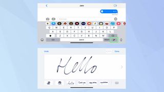 キーボードに手書きのメッセージが表示されている iOS メッセージ アプリのスクリーンショット