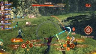 2 人のキャラクターがフィールドで小さなモンスターと戦います。