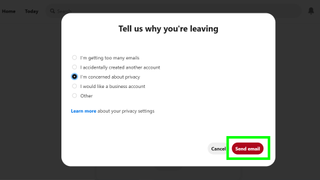 Pinterest アカウントを削除する方法 - ユーザーにアカウントを削除する理由を尋ねる Pinterest のアカウント削除ページのスクリーンショット