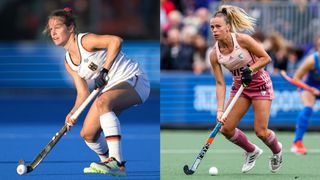 2022 年 FIH 女子ホッケーワールドカップにおけるドイツとアルゼンチンのホッケー選手の合成画像