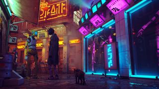 Stray エナジードリンク: 店先を照らすネオンサインのある夜の Stray のストリート シーン