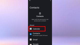 Android スマートフォンの設定アプリのスクリーンショット。 「カレンダー」オプションが強調表示されます。