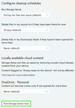 Windows 11 のストレージ センサー オプション