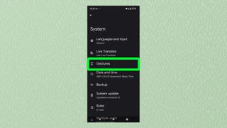 「ジェスチャー」が強調表示されたシステム メニューを示す Android のスクリーンショット