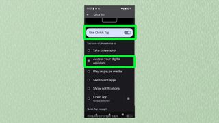 「クイック タップを使用」と「Google アシスタント」が強調表示されたクイック タップ メニューを示す Android のスクリーンショット